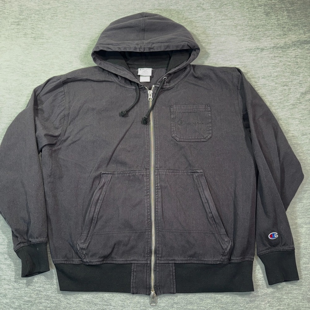 Champion Hoodie Mens Large Black Full Zip Drawstring Cotton Blend Sweatshirt